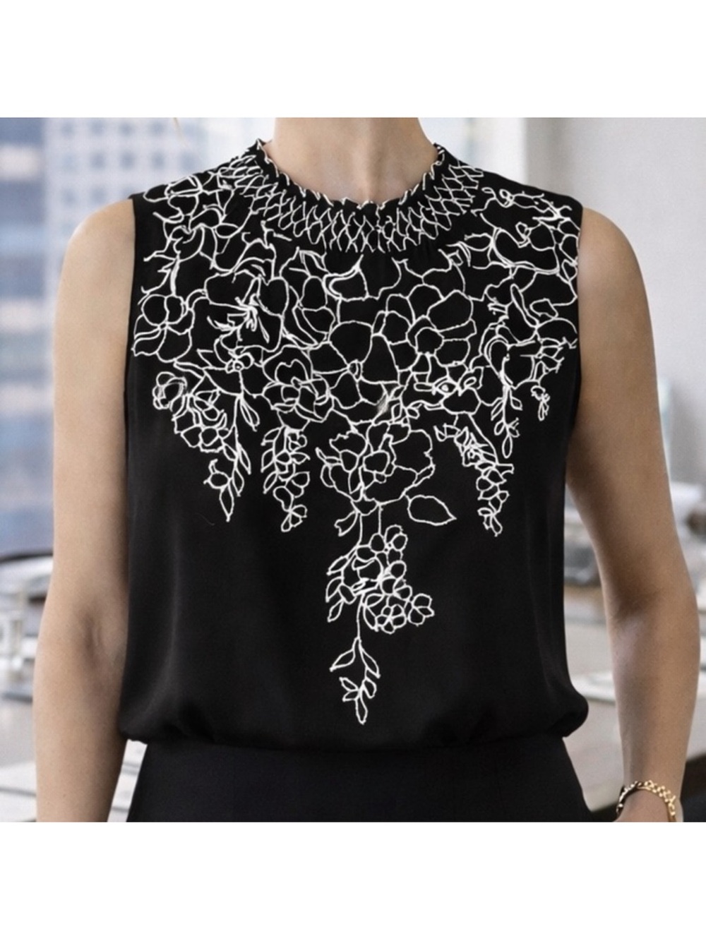 White House Black Market Black Sleeveless Floral-Embroidered Mock Neck Top